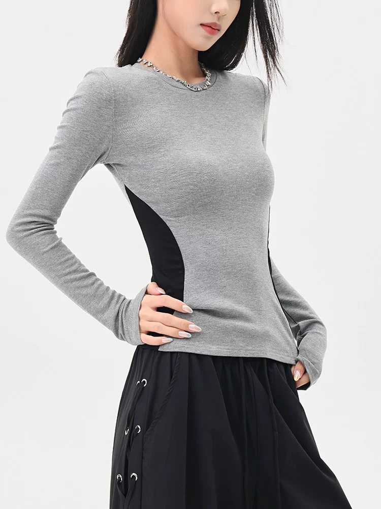 Áo thun dài tay cổ tròn phối màu KEN STUDIO dành cho nữ, áo trong ôm eo ôm sát mùa thu đông
