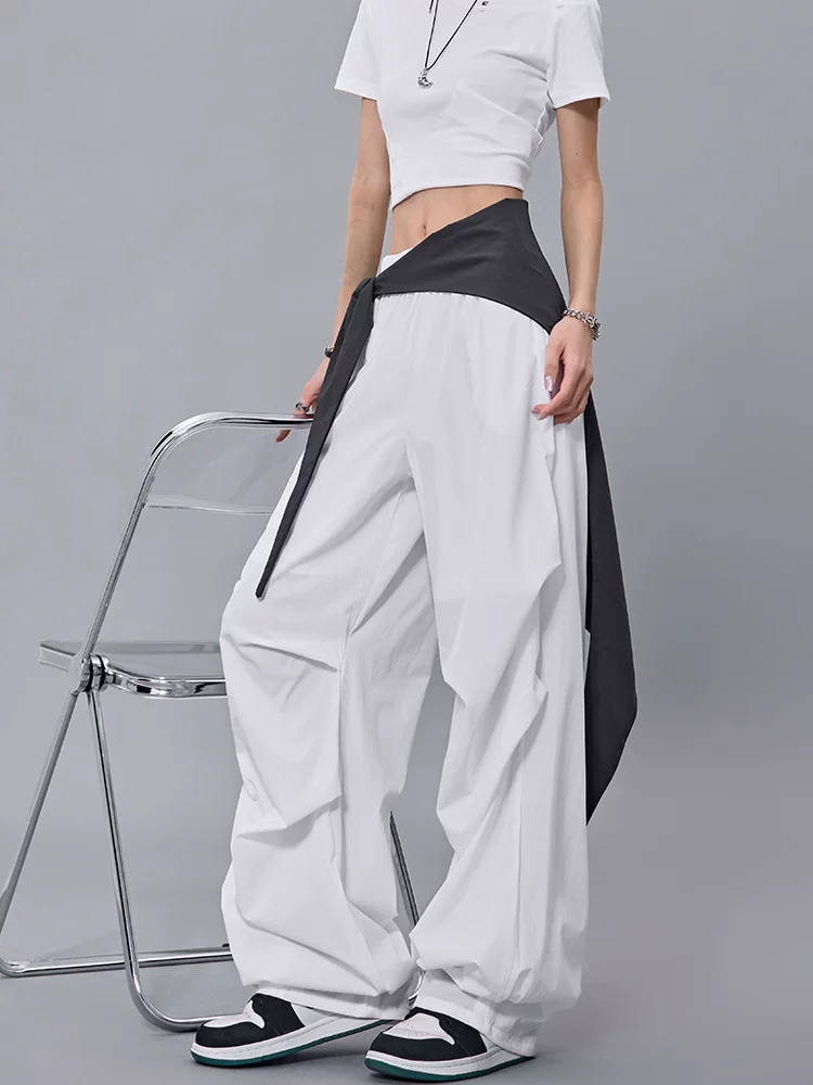 KEN STUDIO mùa hè mới quần dù có dây rút màu sắc phong cách Mỹ dành cho nữ, quần ống rộng thẳng hợp thời trang đường phố cao cấp