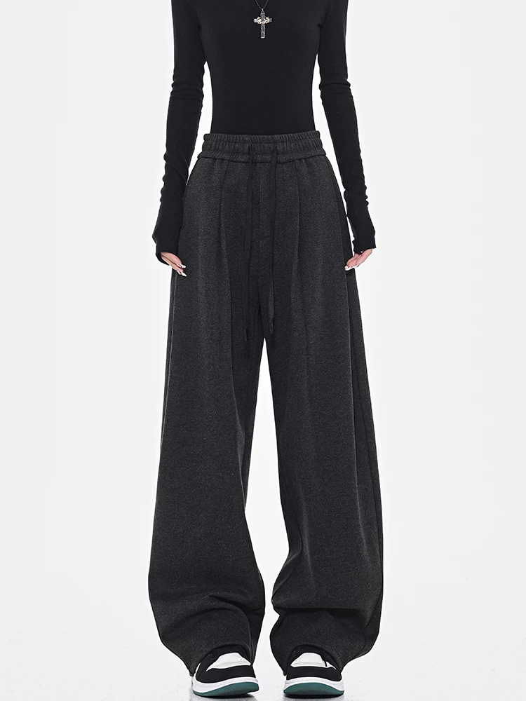 KEN STUDIO quần dài ống đứng có dây rút dày màu đen mùa thu đông dành cho nữ, quần thể thao dáng rộng, quần thể thao