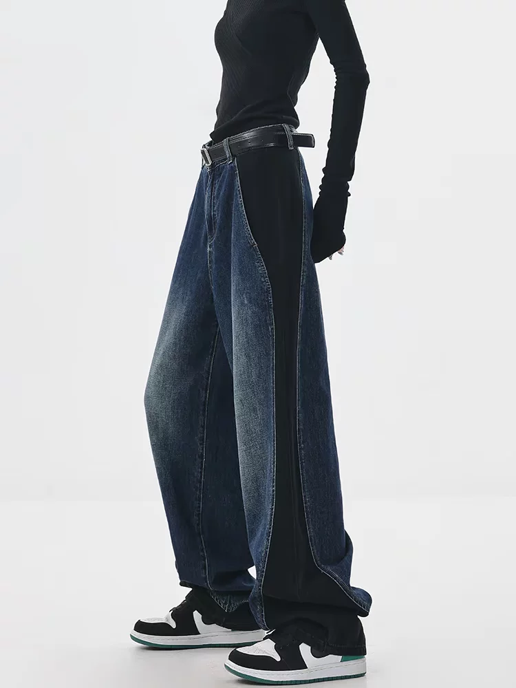 KEN STUDIO quần jean phối màu chắp vá mùa thu đông mới dành cho nữ, quần ống rộng dáng rộng sành điệu, quần chuối