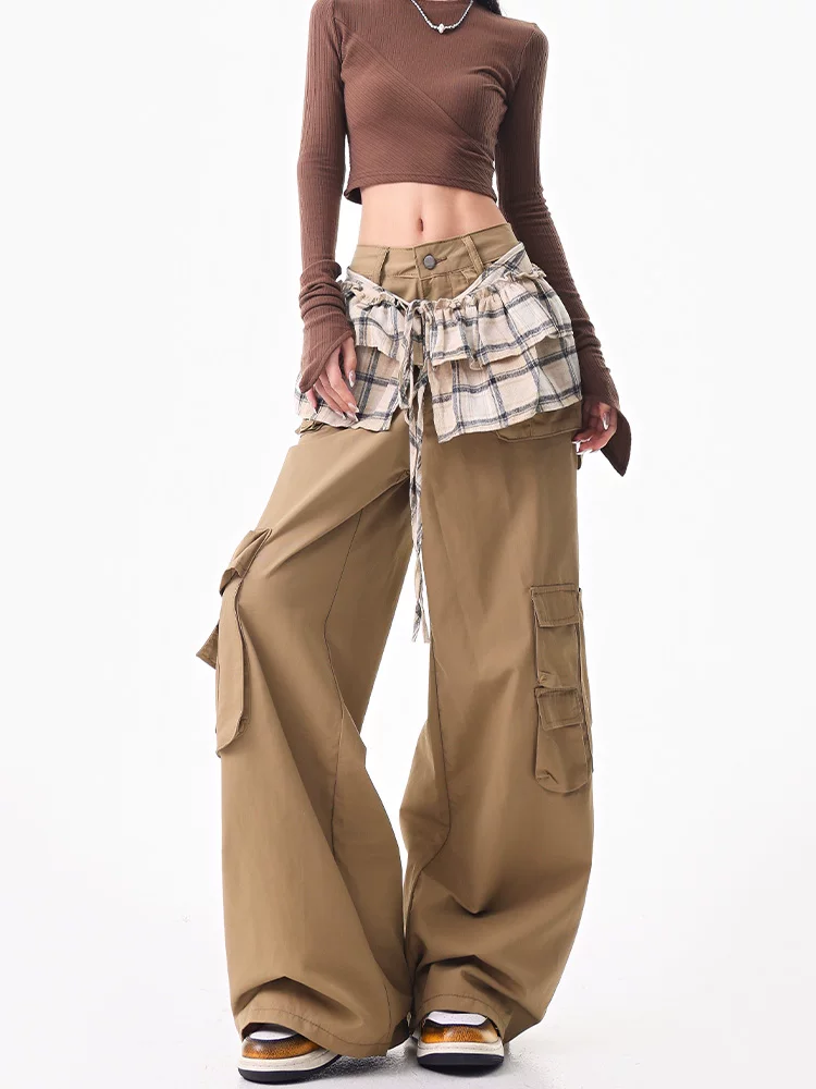 KEN STUDIO Quần ống rộng phong cách Mỹ mùa thu mới dành cho nữ với nhiều túi và thiết kế xếp nếp, quần dài đến sàn