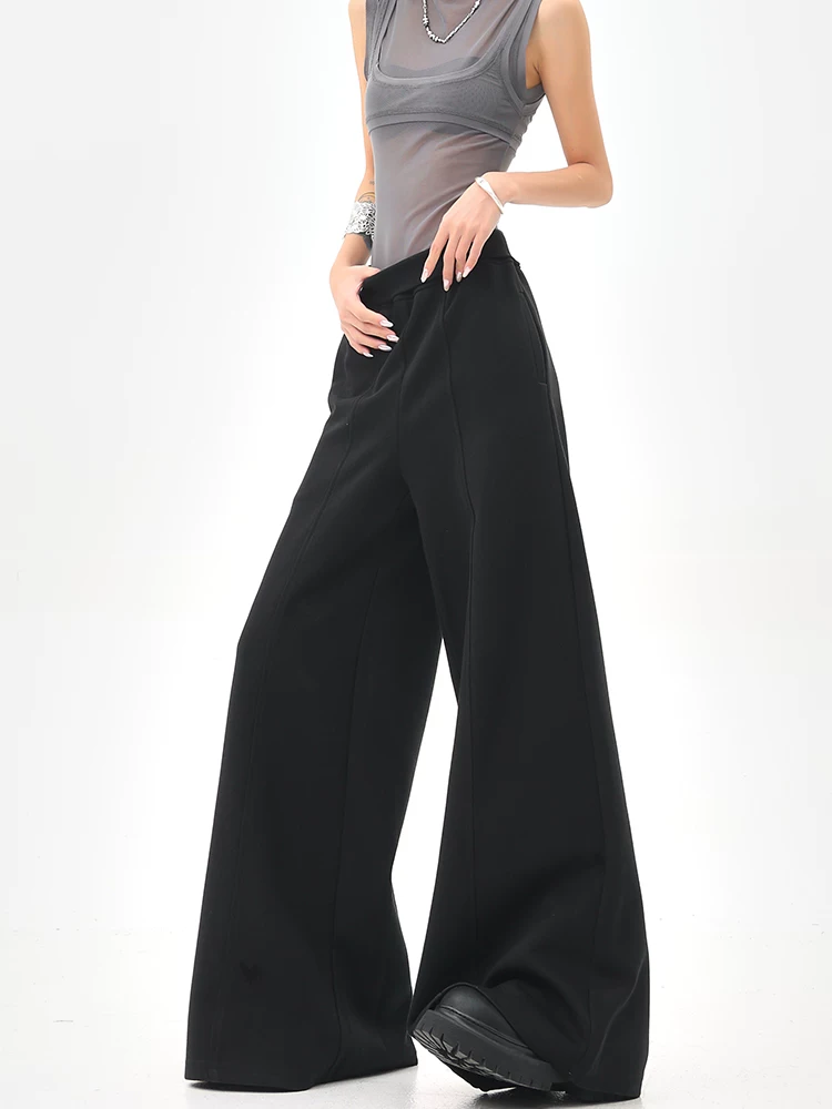 KEN STUDIO Quần thể thao màu đen phong cách Mỹ dành cho nữ, quần thể thao ống đứng cạp cao mới, quần ống rộng cho mùa hè và mùa thu.