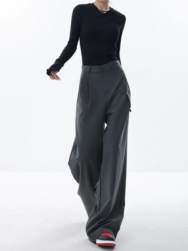 KEN STUDIO thiết kế độc đáo quần tây ống đứng màu xám đậm dành cho nữ, quần ống rộng dáng rộng, dáng rộng, dáng rộng