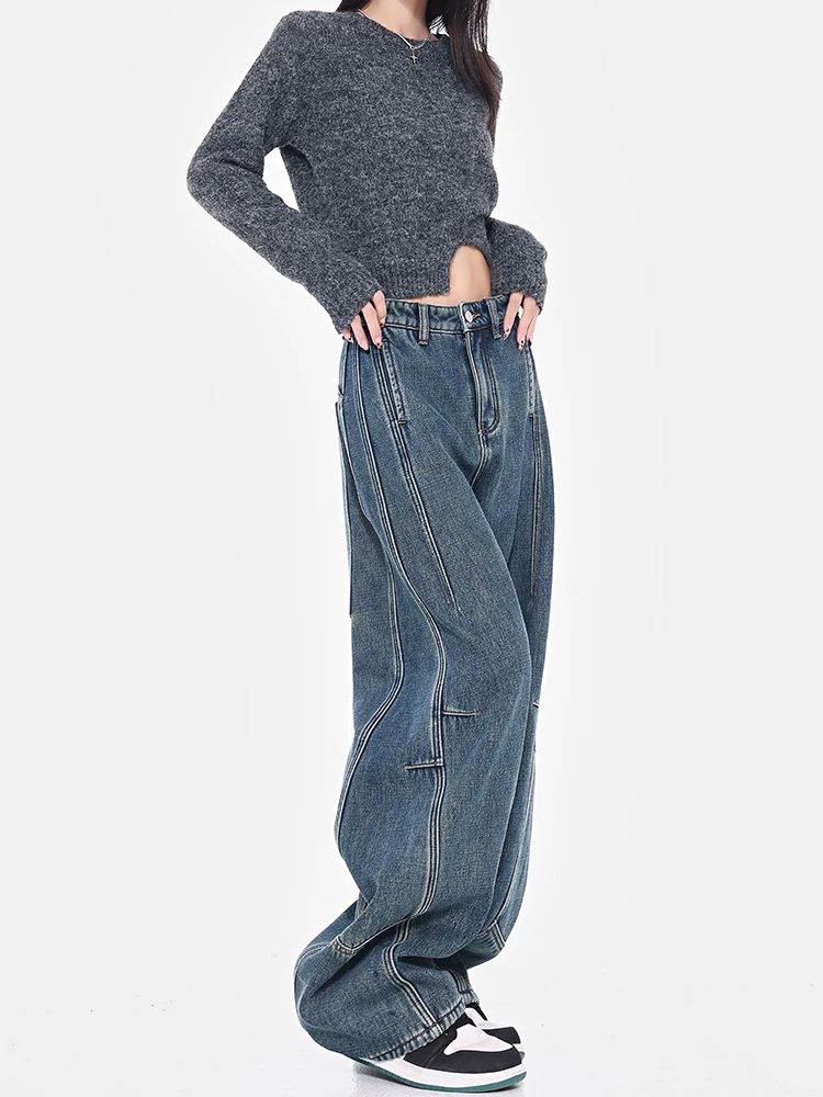 Quần jean lót lông cừu mùa thu đông của KEN STUDIO dành cho phụ nữ cao, quần ống rộng dáng rộng cực dài, quần chuối.