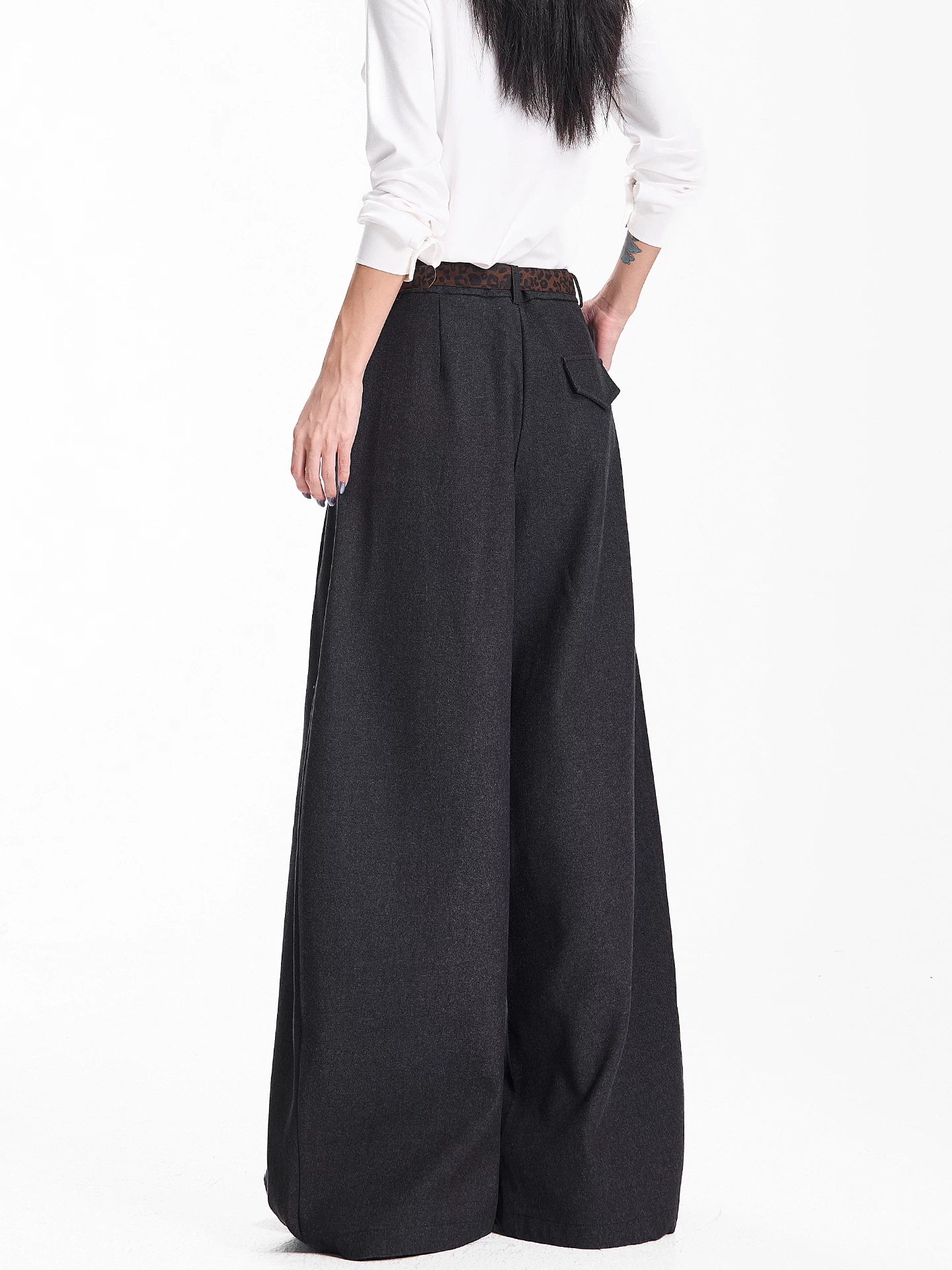 KEN STUDIO Quần âu ống rộng màu xám đậm mới thu đông dành cho nữ, quần ống rộng dáng thẳng, dáng rộng, dài đến sàn