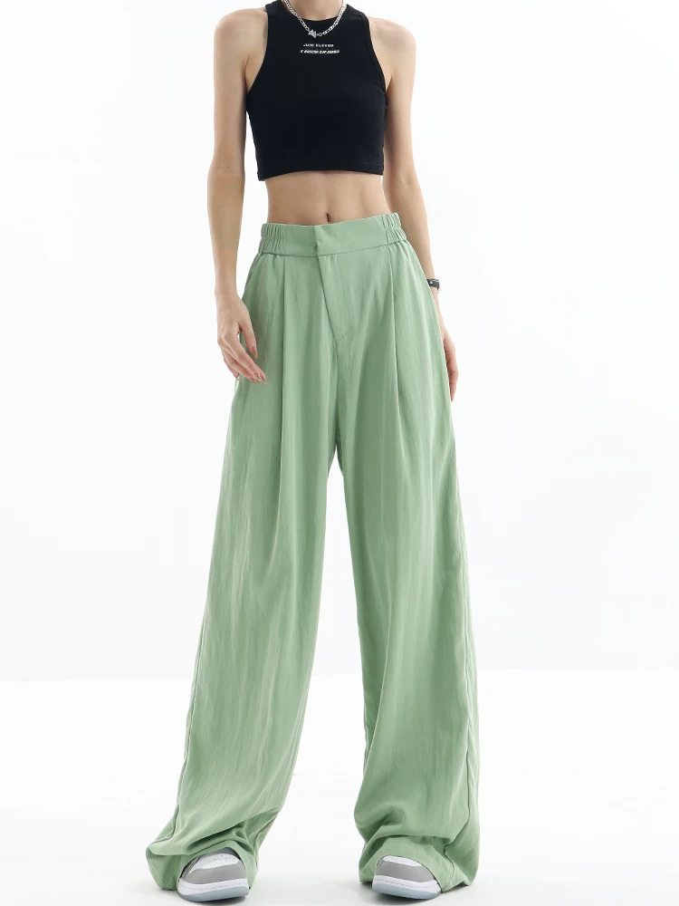 Quần tây ống rộng bằng vải lụa băng KEN STUDIO dành cho nữ, quần mỏng xếp ly mùa hè thiết kế lười biếng, quần thường ngày rộng rãi