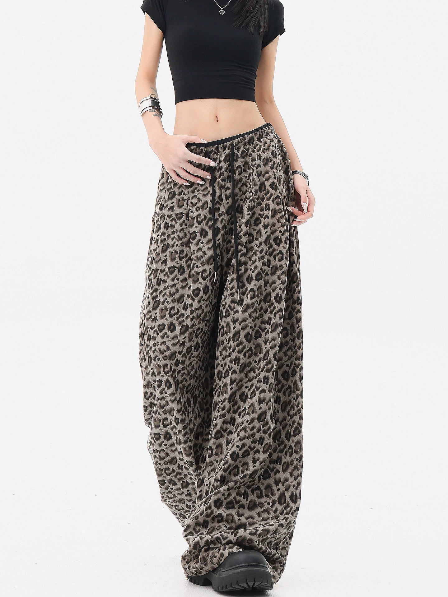 KEN STUDIO quần thường ngày in họa tiết da báo theo phong cách retro Mỹ dành cho nữ, quần cạp cao, dáng rộng, quần ống rộng giúp giảm béo.