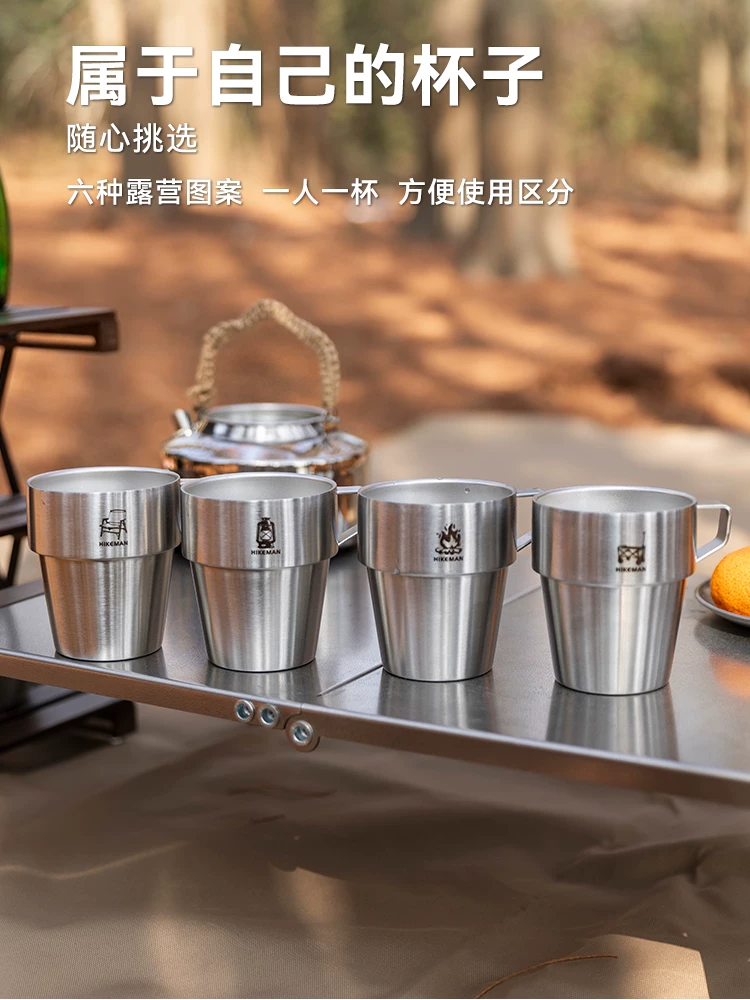 Cắm trại ngoài trời cốc nước thép không gỉ 304 2 lớp chống bỏng cắm trại Bộ cốc di động trà cốc bia cốc cà phê
