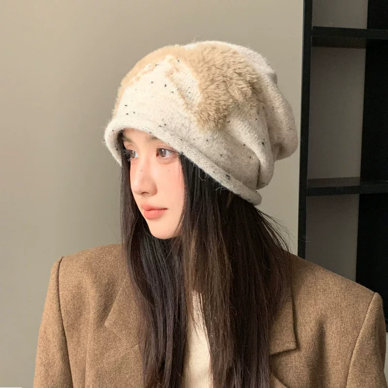 Mũ lười dành cho nữ mùa thu đông, phong cách Hàn Quốc, đa năng, chu vi đầu lớn, nơ sang trọng, ấm áp, bảo vệ tai, mũ len dệt kim.