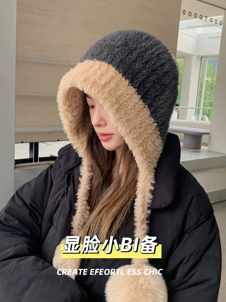 Mũ len gấu nhỏ dành cho nữ, mũ len dệt kim chắp vá mùa đông, bảo vệ tai khi đạp xe ngoài trời, mũ trùm đầu Lei Feng, mũ bông ấm áp.