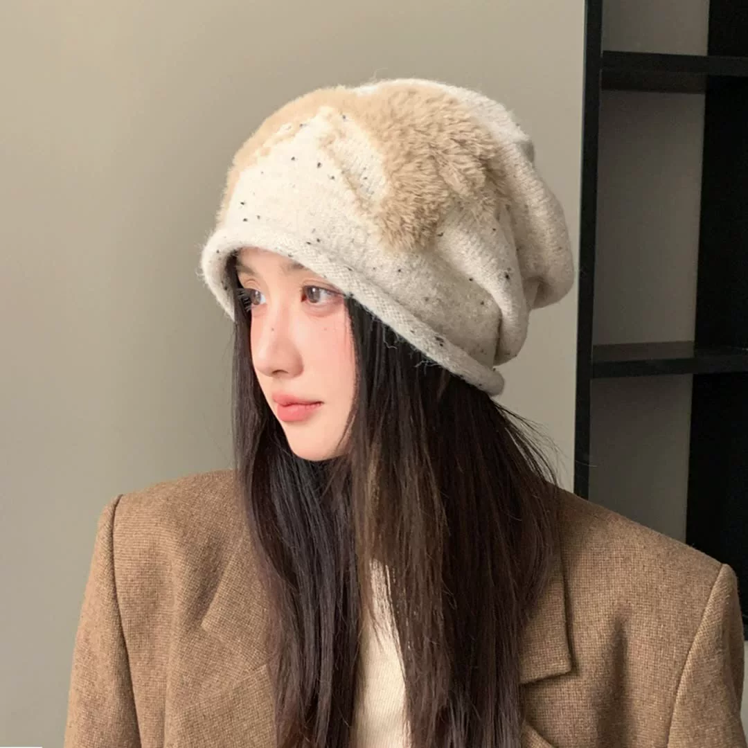 Mũ lười dành cho nữ mùa thu đông, phong cách Hàn Quốc, đa năng, chu vi đầu lớn, nơ sang trọng, ấm áp, bảo vệ tai, mũ len dệt kim.