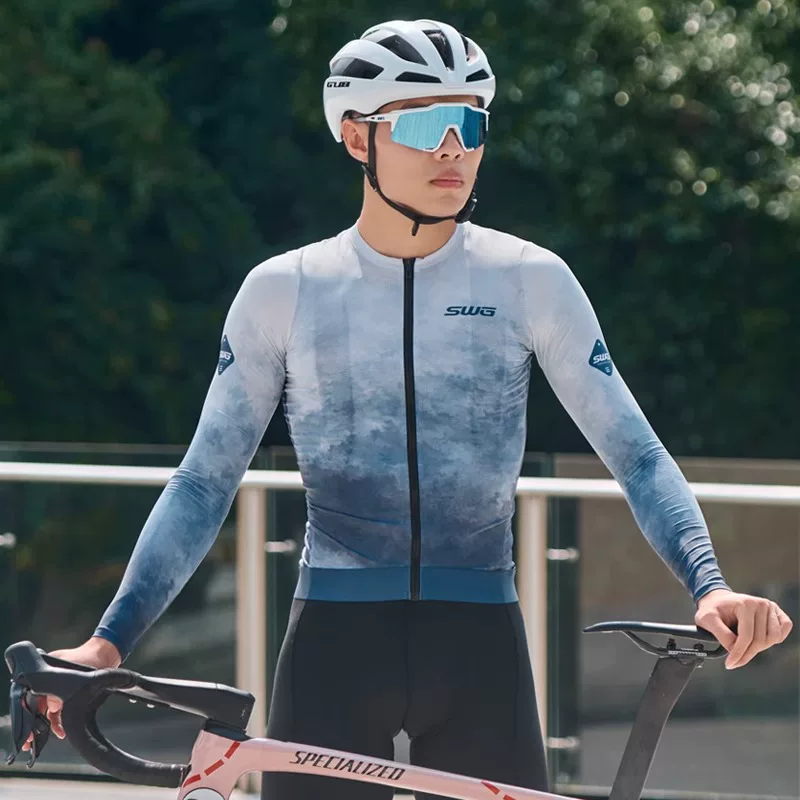 Áo thể thao đạp xe nam SWG Mingsheng Xuân/Hè mới in họa tiết mây nhuộm chàm tay dài, dành cho xe đạp leo núi và đường trường