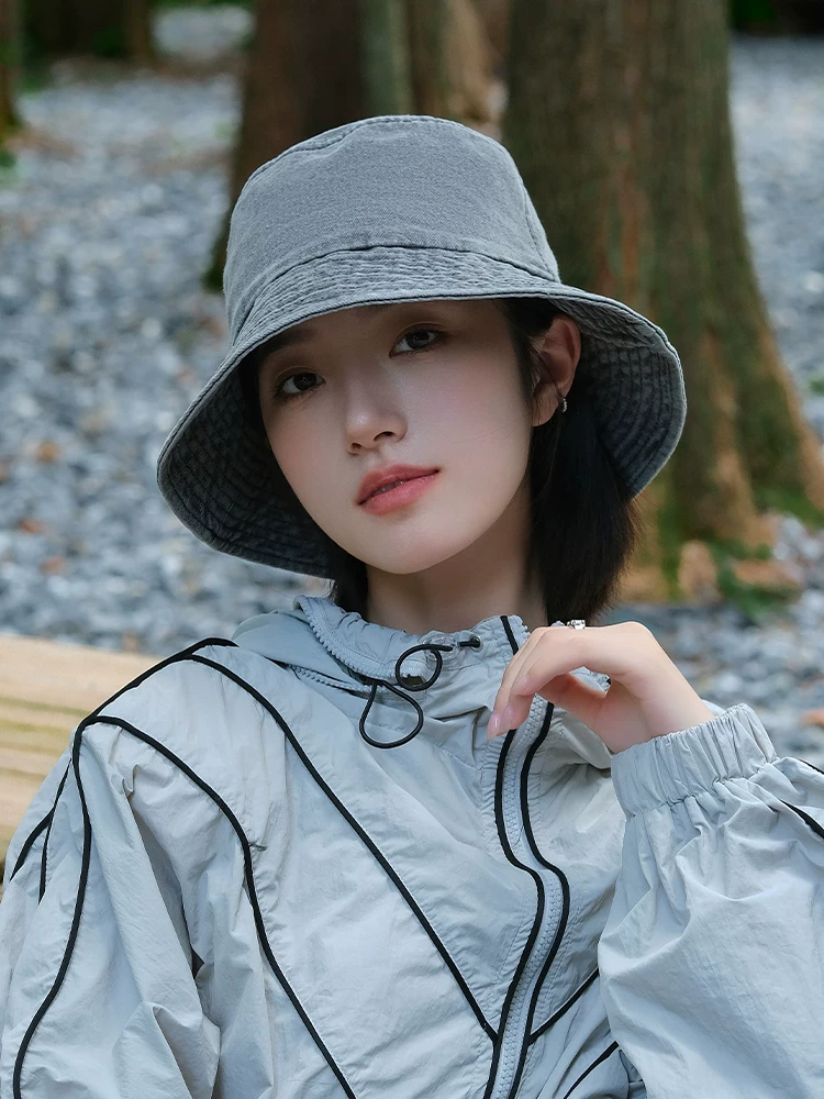 Mũ xô denim dành cho nữ, kiểu mới xuân thu 2024, chu vi đầu lớn, chống nắng, làm thon mặt, mũ xô kiểu Nhật ngoài trời.