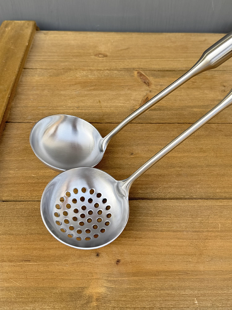 Bộ muôi múc canh inox cán tròn dày, muôi lẩu, rây lọc, muôi lẩu cán dài, bộ rây lọc canh