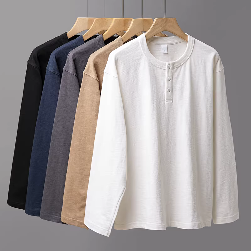 Áo thun cổ henley chất liệu cotton nguyên chất hạng nặng 320G dành cho nam, áo nỉ phong cách Mỹ mùa thu, dáng rộng, đường may ba lớp, áo sơ mi dài tay màu trơn