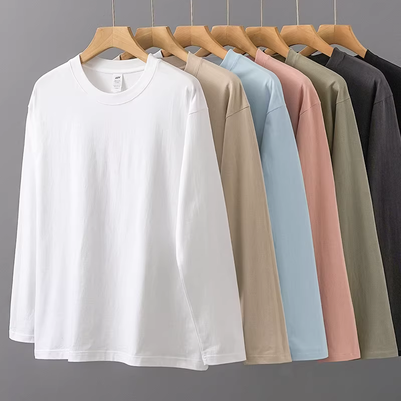 (Mua một tặng một) Áo thun cotton nguyên chất hạng nặng 260G dành cho nam, áo len dài tay mùa xuân thu, áo sơ mi cổ tròn màu trắng tinh khiết