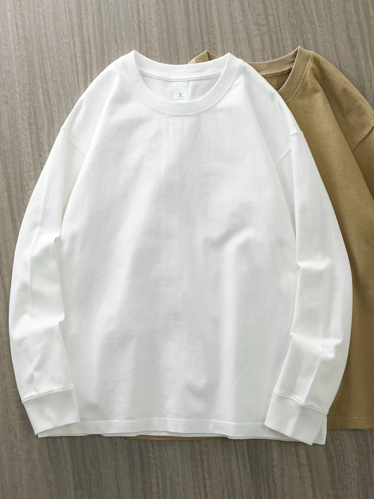 Áo thun dài tay 100% cotton hạng nặng 320G dành cho nam, mùa thu, dáng rộng, áo sơ mi màu trắng trơn, áo len cổ tròn kiểu Mỹ.