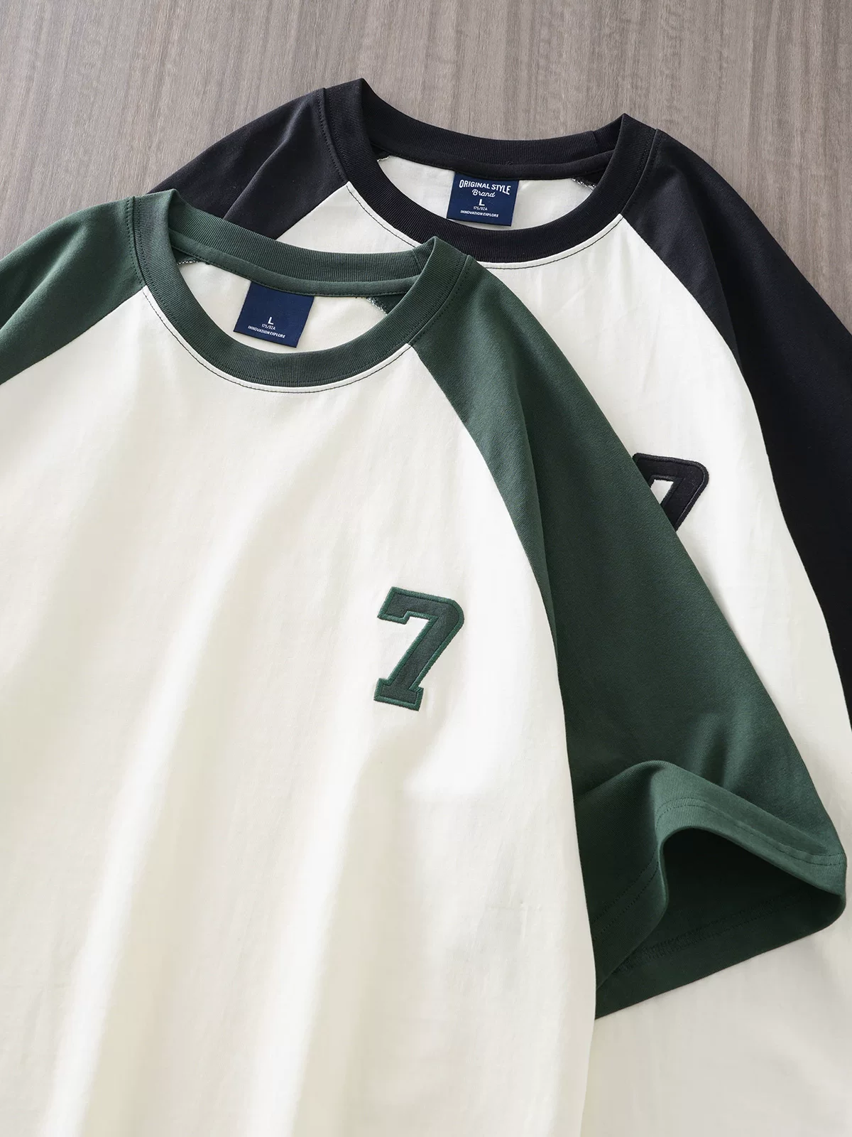 Áo thun nam tay raglan 260G, tay ngắn, mùa hè, chất liệu cotton nguyên chất, dáng rộng, thêu kỹ thuật số, cổ tròn, áo thun trẻ trung