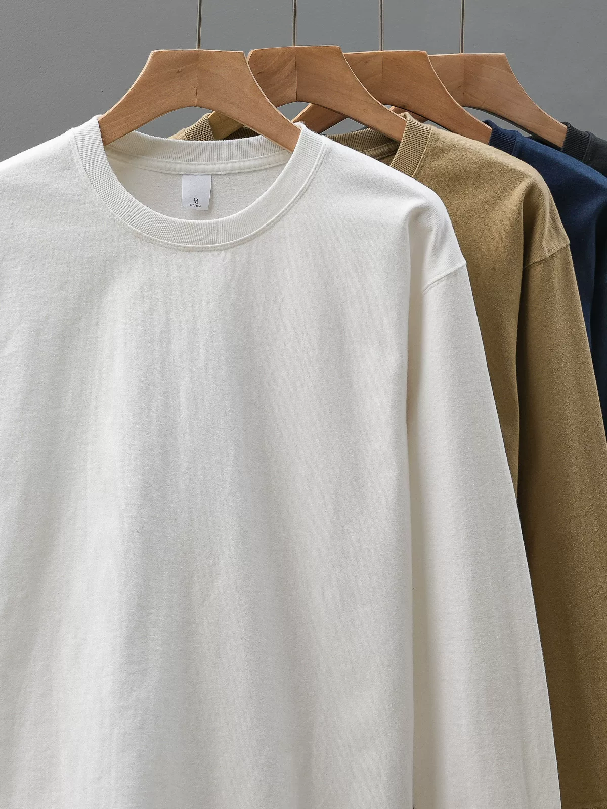 Áo thun dài tay bằng cotton nguyên chất hạng nặng 320G dành cho nam, lớp bên trong mùa thu, áo sơ mi màu trắng trơn, áo nỉ cổ tròn dáng rộng kiểu Mỹ.