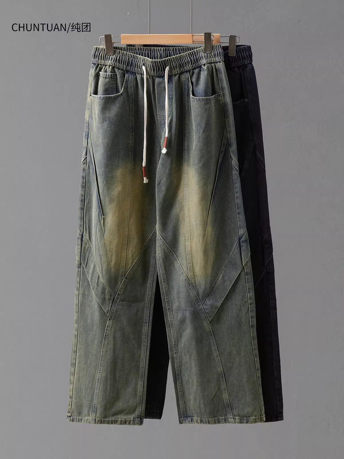 Quần jeans nam kiểu Mỹ, phong cách thu mới, quần casual xước vintage, quần cargo phối vải thời trang thiết kế