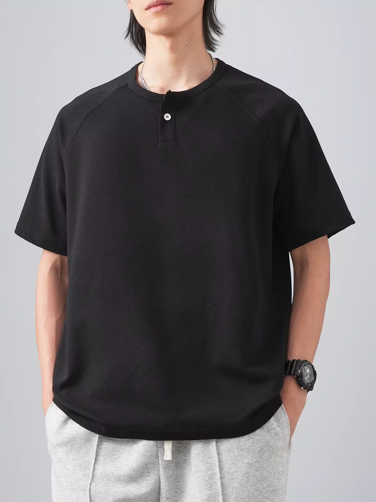 Áo Henley nam tay ngắn mùa hè 2024 kiểu Mỹ cổ điển, chất liệu dày dặn, phong cách mạnh mẽ, cao cấp, dáng rộng