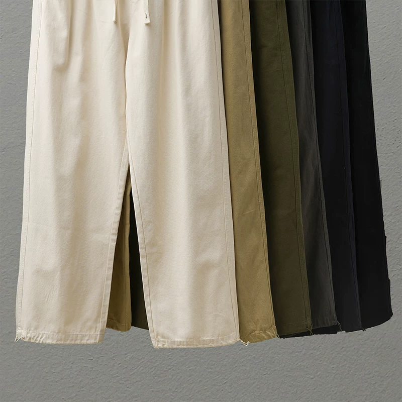 Quần cotton nguyên chất hạng nặng 400G dành cho nam, phong cách mùa thu, quần jogger có dây rút kiểu đường phố Mỹ, quần thể thao ống rộng dáng thẳng.