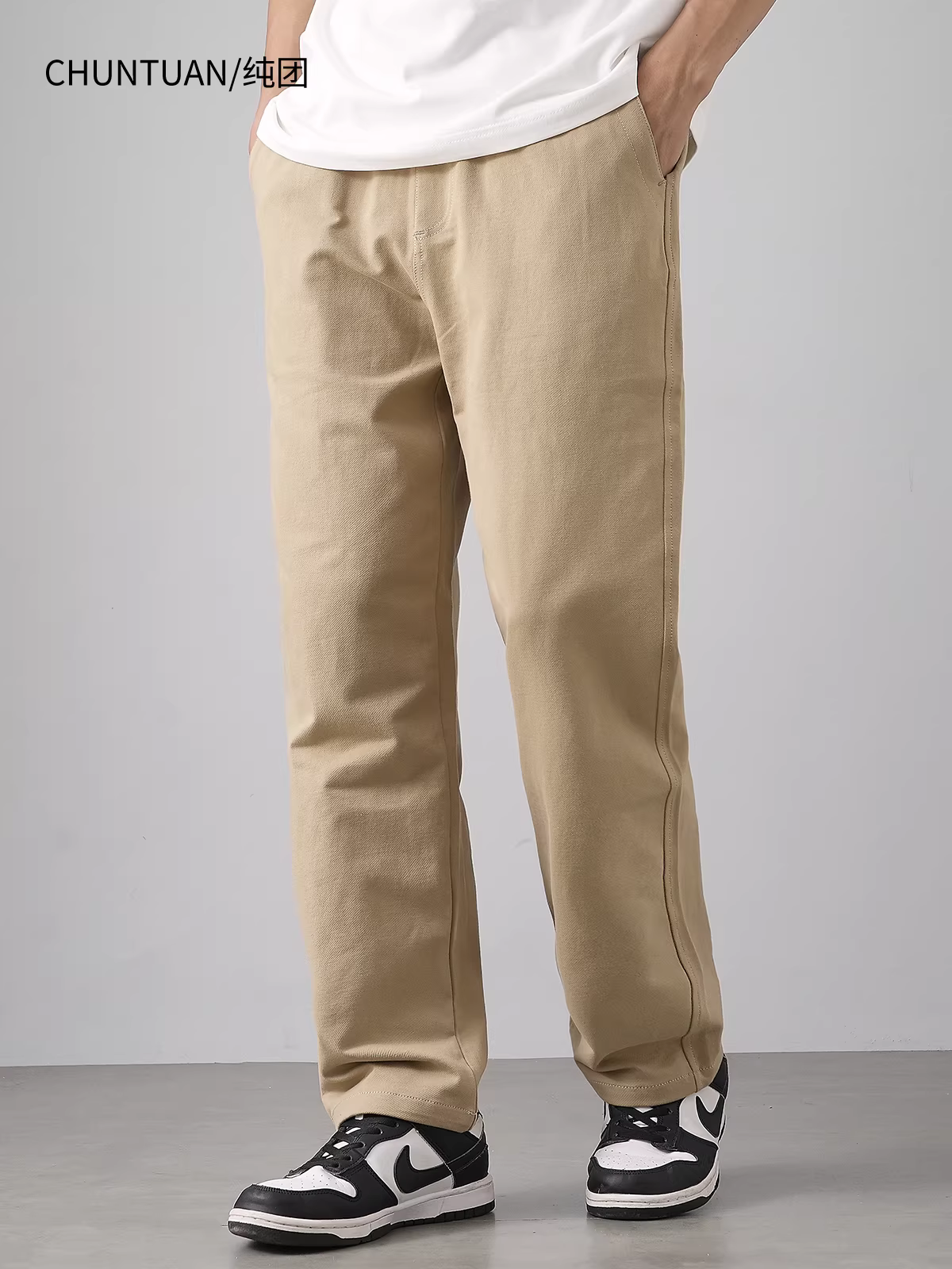 Quần âu nam kiểu Mỹ, chất liệu dày dặn, mùa hè 2024, kiểu dáng vintage màu kaki, quần ống đứng rộng rãi đa năng