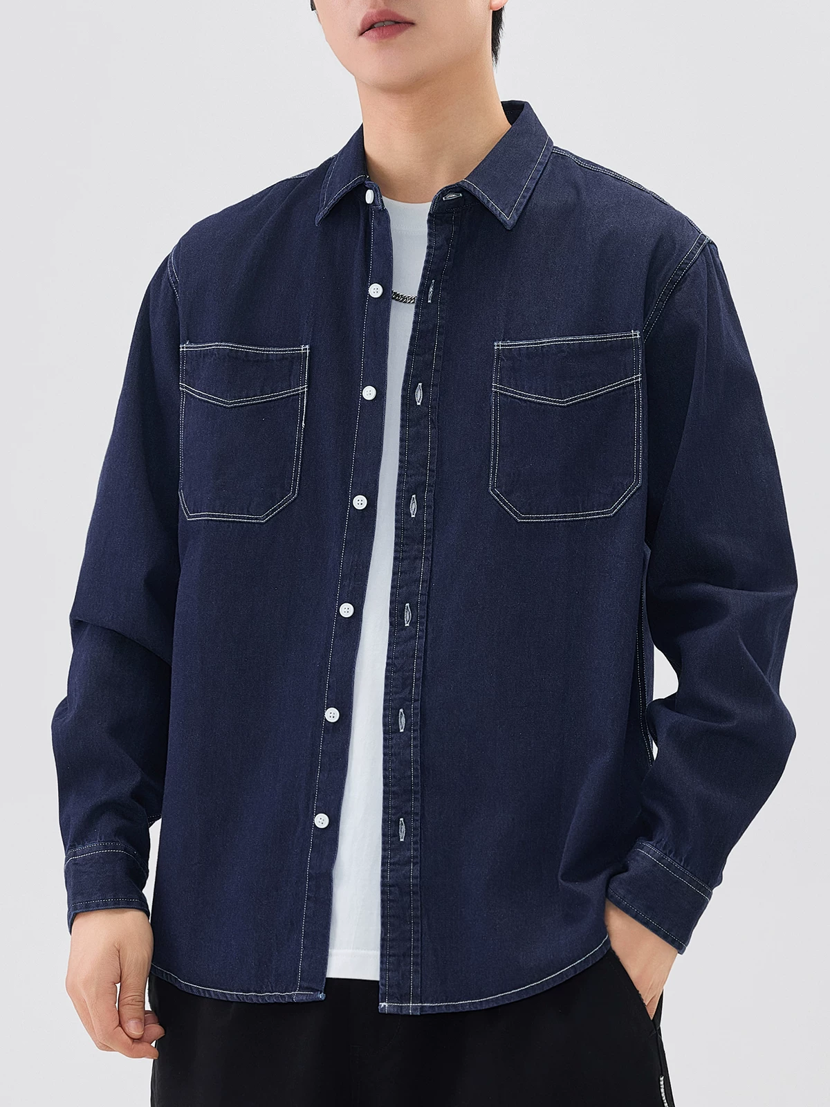 Áo sơ mi denim cotton nguyên chất hạng nặng dành cho nam, phong cách Mỹ thời thượng mùa xuân thu, áo sơ mi cổ điển cá tính, áo khoác thường ngày kiểu vintage đã qua xử lý làm mềm.