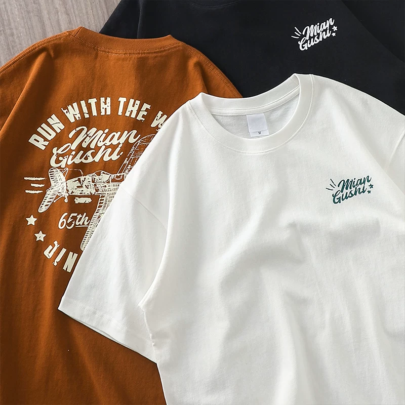 Áo thun nam tay ngắn chất liệu cotton 100% cao cấp, in họa tiết máy bay chiến đấu cổ điển, dày dặn, kiểu dáng regular, size 320G, mùa hè mới.