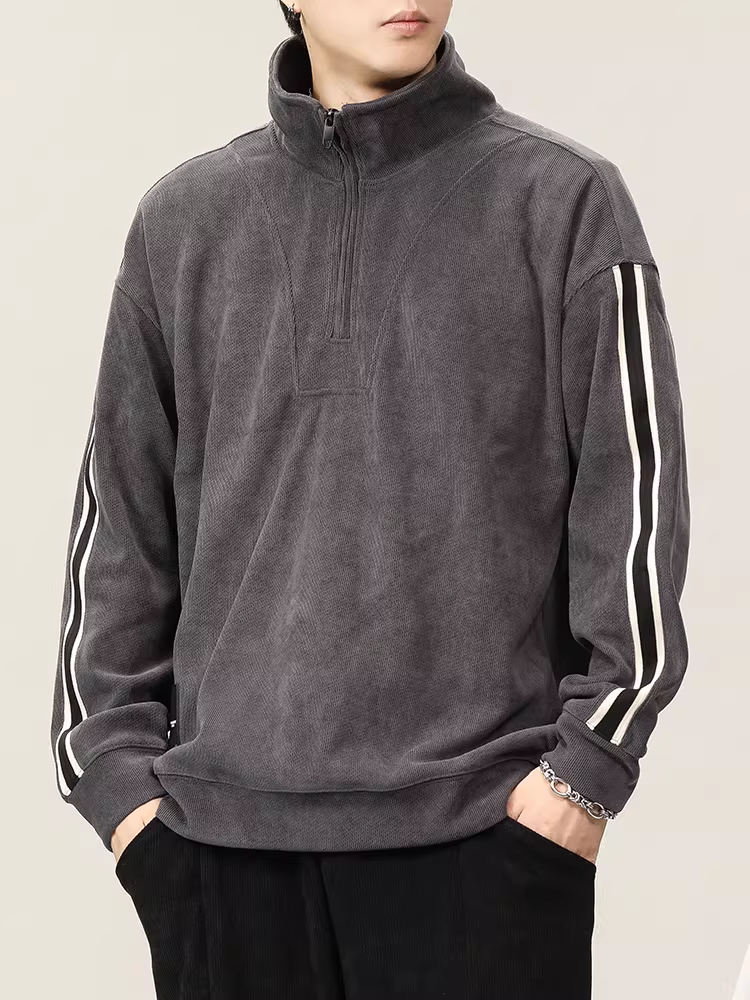 Áo khoác nửa khóa kéo lót lông cừu dày dặn dành cho nam, thiết kế lót lông cừu chenille mùa thu đông với cổ đứng phối màu sọc.