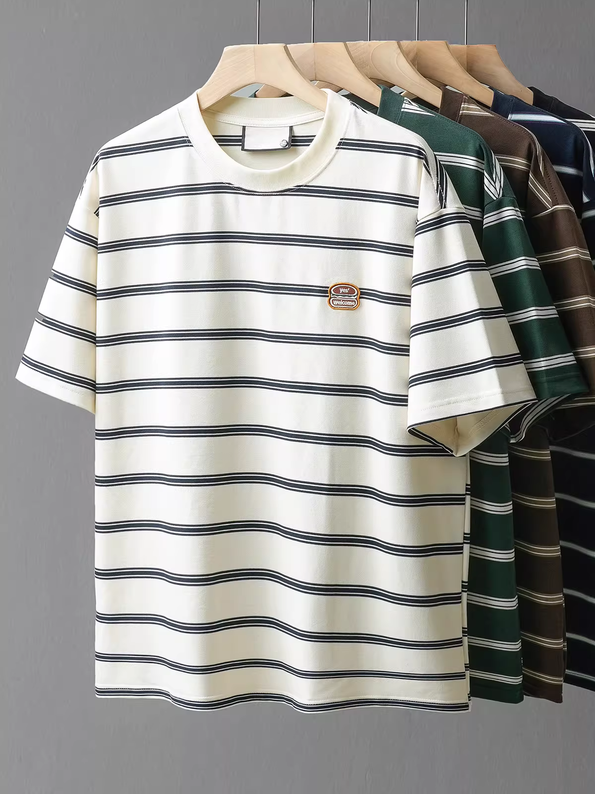 Áo thun sọc hạng nặng 260G dành cho nam, tay ngắn, thêu hình bánh hamburger kiểu Mỹ mùa hè, dáng rộng, áo thun nửa tay cổ tròn trẻ trung.