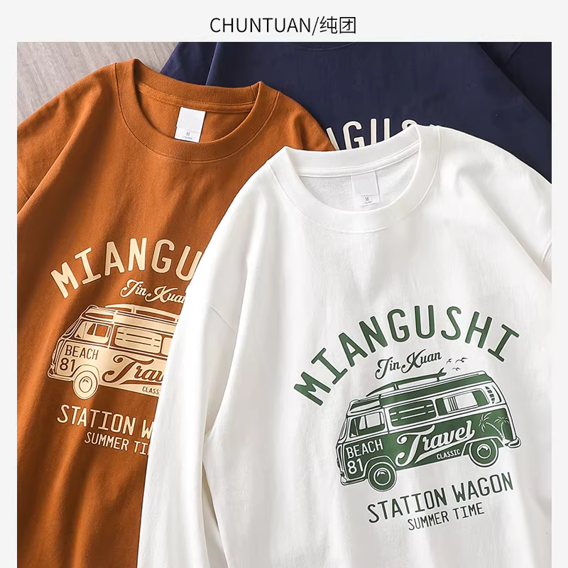 Áo thun dài tay hạng nặng 320G dành cho nam, xuân thu, phong cách Nhật Bản, đơn giản, dáng rộng, cổ tròn, in hình xe buýt, áo thun cotton nguyên chất dành cho nữ.