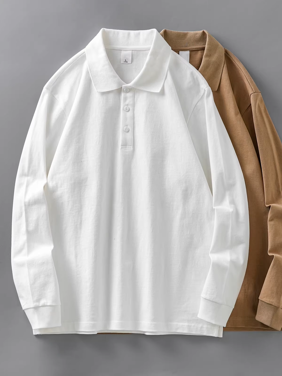 Áo sơ mi POLO cotton nguyên chất hạng nặng 320G dành cho nam, dài tay, mùa xuân và mùa thu, phong cách Mỹ, dáng rộng, áo sơ mi trơn màu, áo len dài tay có cổ.