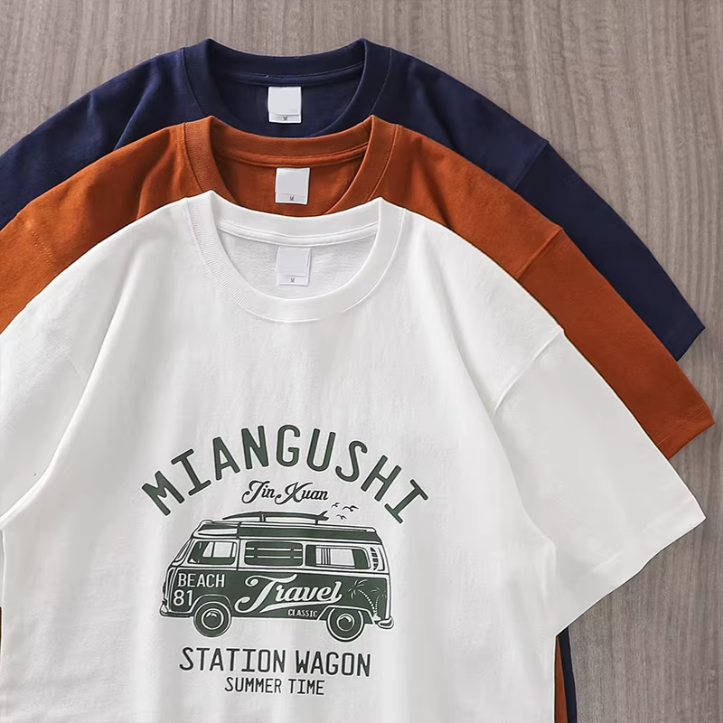 Áo thun nam chất liệu cotton 100%, dày dặn 320G, in hình xe buýt cổ điển Nhật Bản, cổ tròn, dáng rộng, phong cách giản dị Mỹ, áo thun cotton nguyên chất.