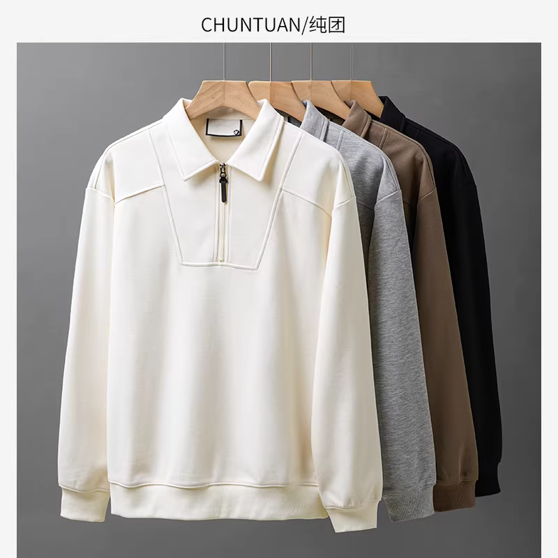 Áo khoác nỉ nửa khóa kéo nam 340G, kiểu dáng mới thu đông 2024, màu trơn phối thiết kế cổ áo POLO