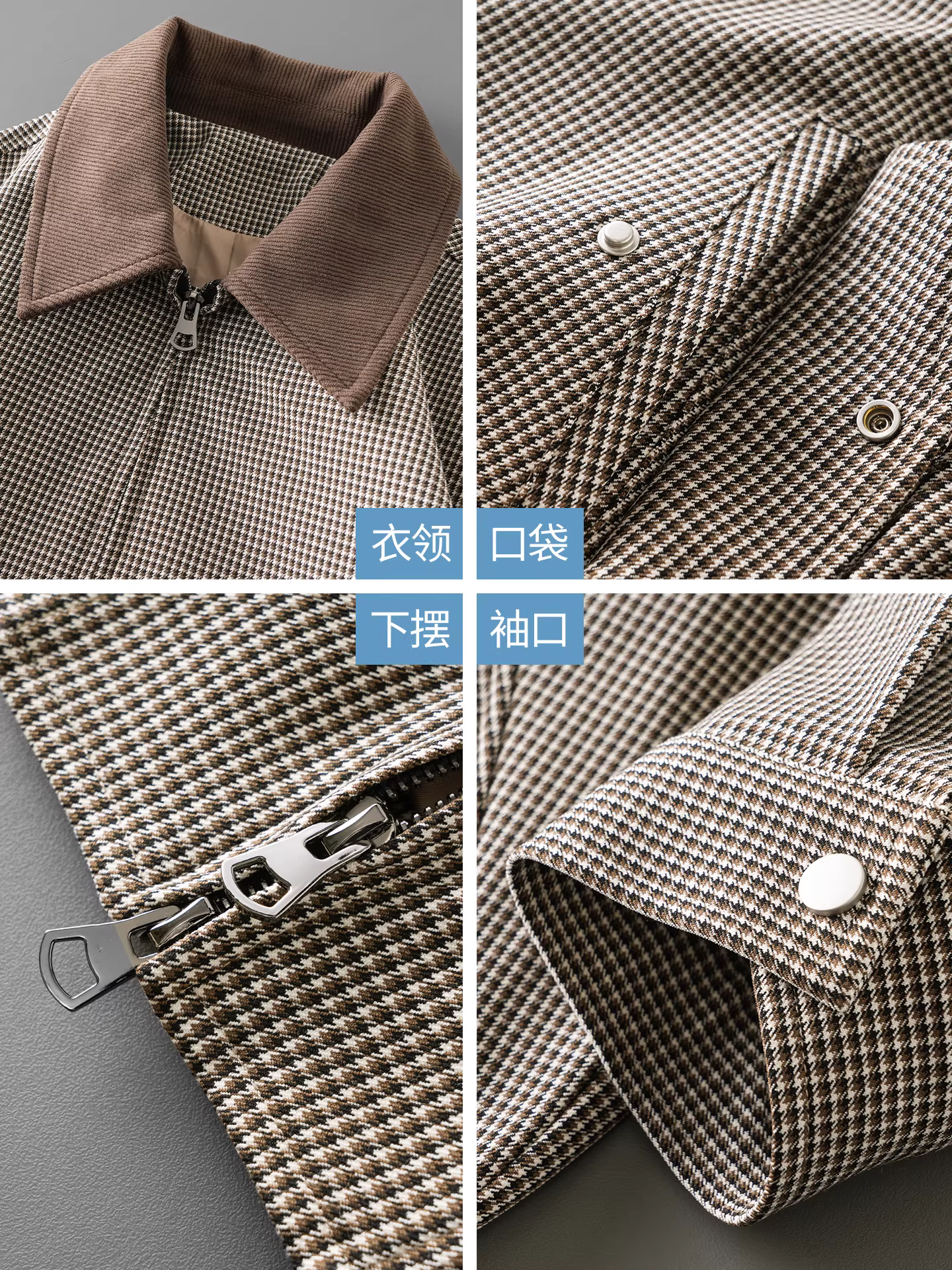 Áo khoác Harrington Houndstooth nguyên chất dành cho nam, phong cách Mỹ mùa đông, áo khoác cổ da lộn phối màu kiểu Barn ngắn lót lông cừu.