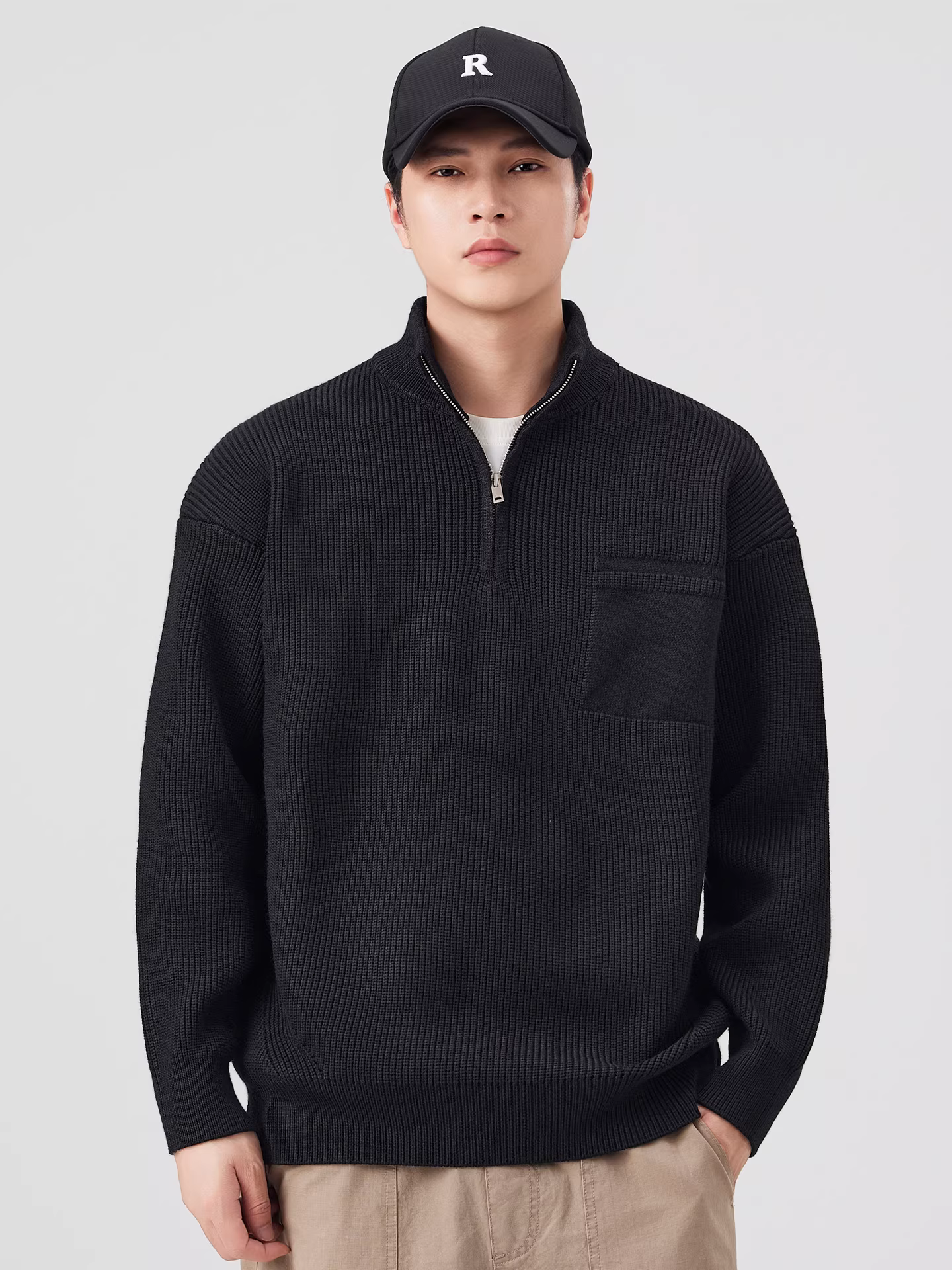 Áo len nửa khóa kéo hạng nặng Pure Group 820G dành cho nam, áo len dệt kim bên trong dày dặn ấm áp mùa đông, áo len dệt kim thông thường phong cách lười biếng.