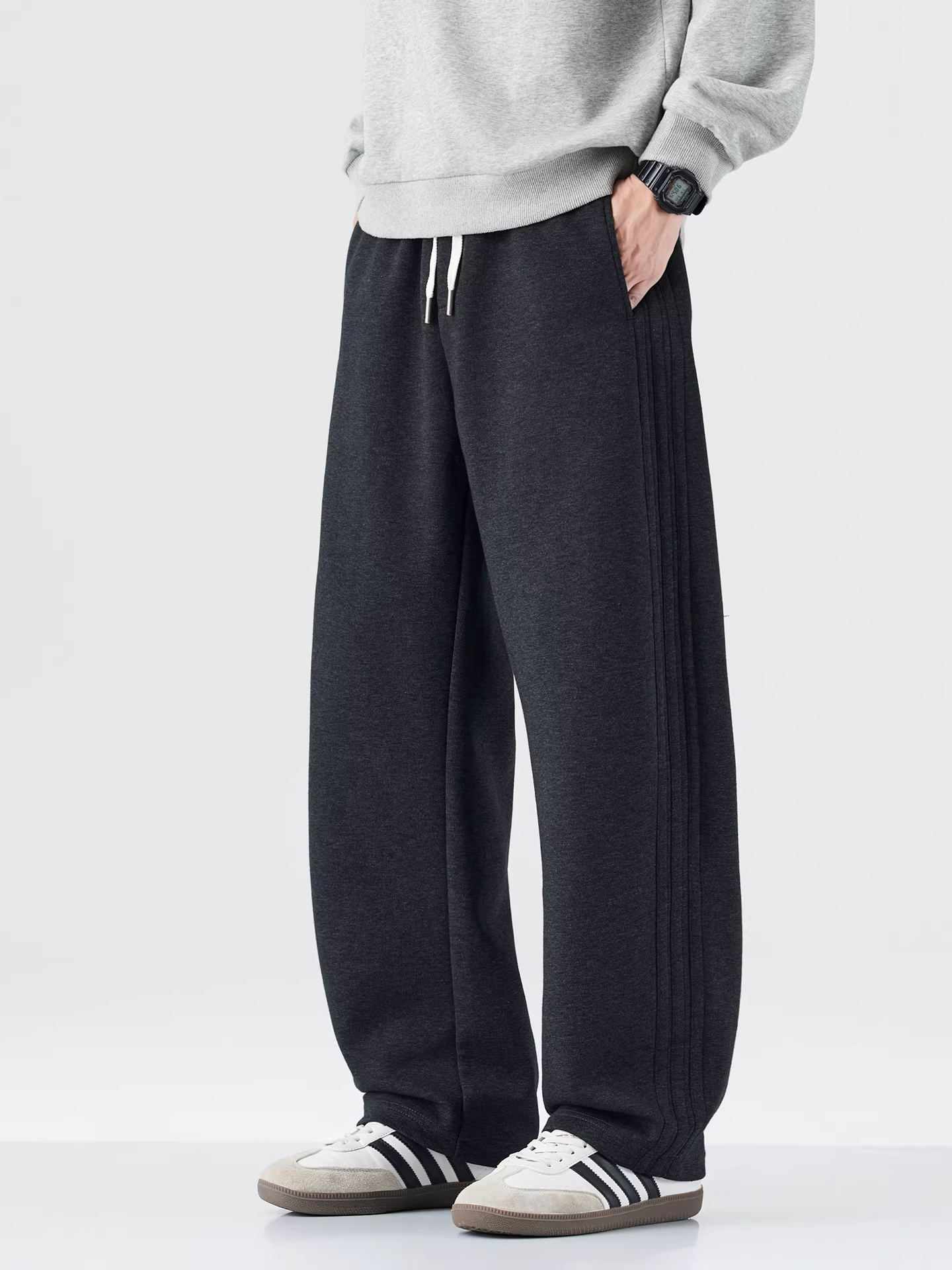 Quần thể thao ống thẳng hạng nặng 500G dành cho nam, thương hiệu thời trang phong cách Mỹ mùa đông, lót lông cừu, ấm áp, sọc, dáng rộng, quần dài thể thao thường ngày