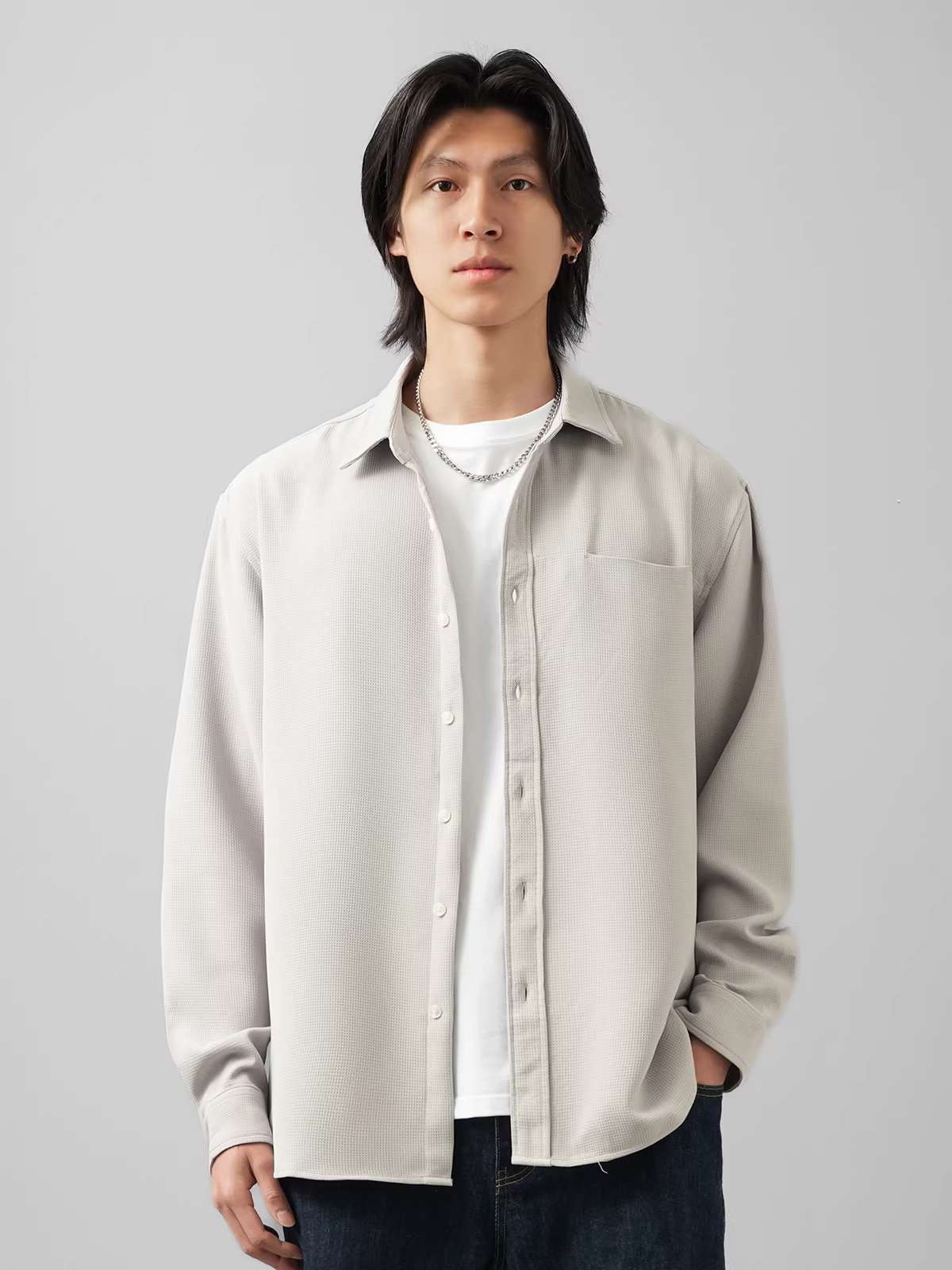 Áo sơ mi dài tay dệt kim nặng, dành cho nam, mùa xuân và mùa thu, áo sơ mi có túi thông thường cao cấp, áo khoác sơ mi trắng rộng rãi.