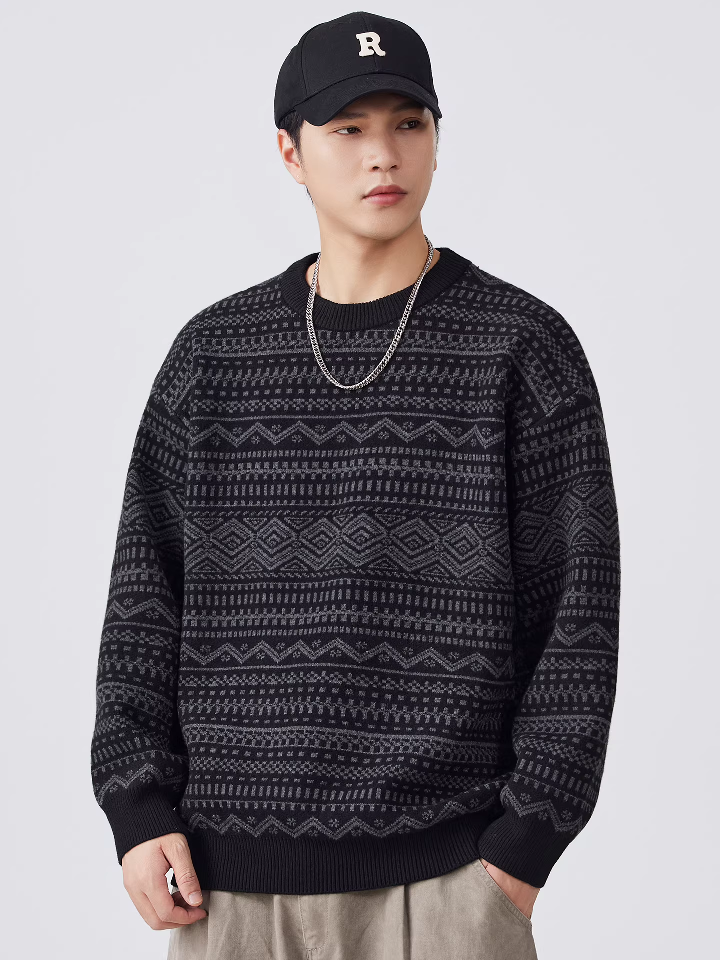 Áo len nam Pure Group 800G dày dặn kiểu Fair Isle, mùa thu đông, phong cách Mỹ, dày dặn và ấm áp, kiểu dáng Hong Kong, áo khoác len dệt kim lười