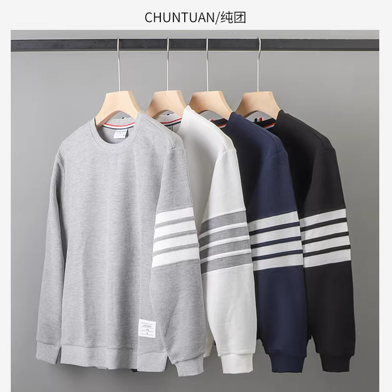 Áo len dệt kim bốn sọc dành cho nam, mùa thu đông, dáng rộng, cổ tròn, áo chui đầu, áo sơ mi màu xám, áo khoác đôi, hợp thời trang.