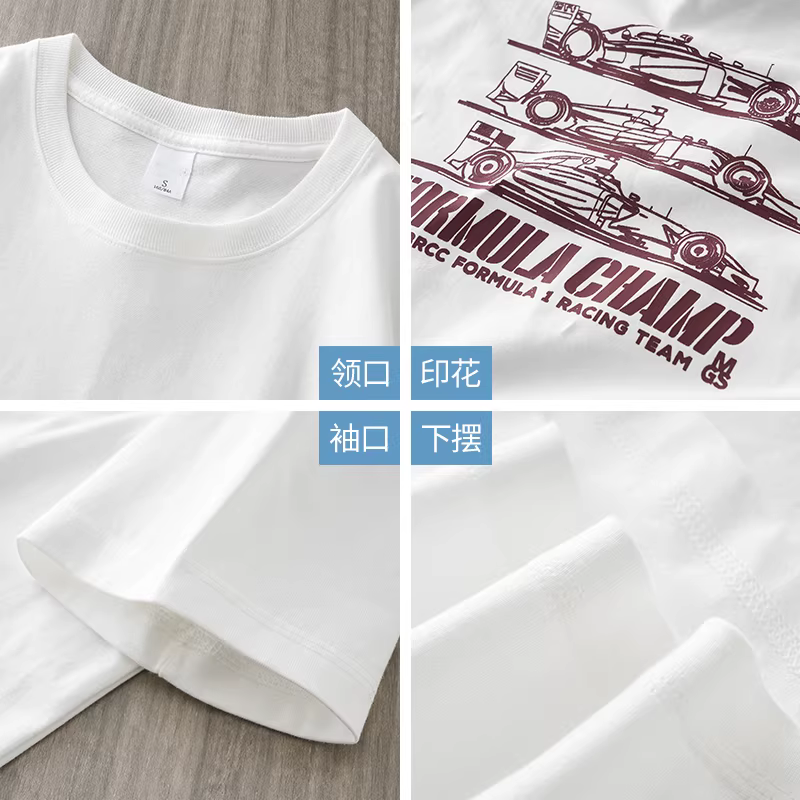 Áo thun nam cotton 100% dày 320G, tay ngắn, in họa tiết đua xe cổ điển Mỹ mùa hè, kiểu dáng rộng, cổ tròn, thời trang