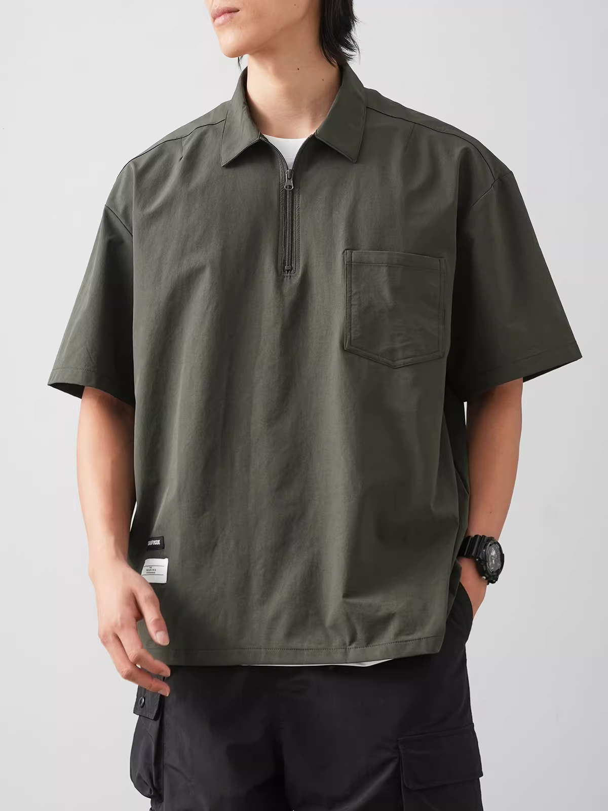 Áo thun POLO kiểu Mỹ, tay ngắn, mùa hè, phong cách leo núi, cổ nửa khóa kéo, có túi, chất liệu lụa đá, nhanh khô, thời trang dành cho nam