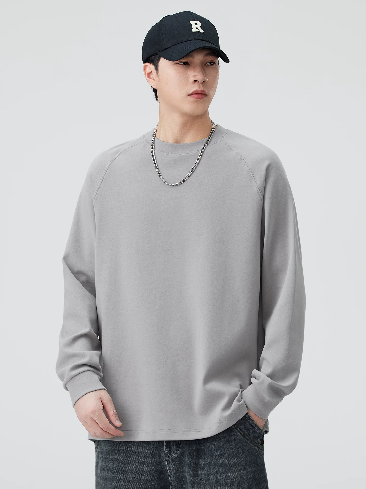 Áo thun cotton nguyên chất 300G tay raglan dày dặn dành cho nam, tay dài, mùa xuân thu, kiểu Mỹ, áo sweatshirt rộng rãi, màu trơn, chất liệu chải mềm