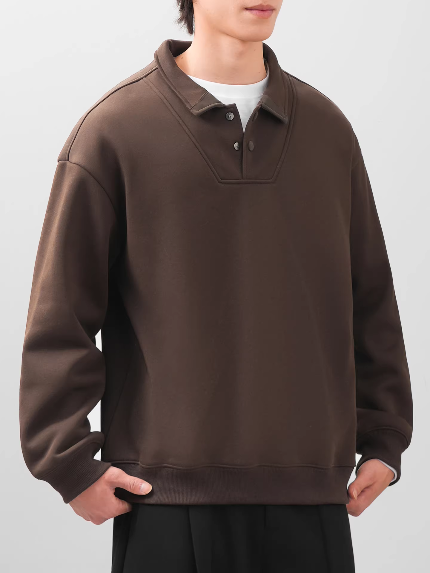 Áo nỉ lông cừu hạng nặng Pure Group 430G dành cho nam, mùa thu đông kiểu Mỹ cổ điển dày dặn ấm áp màu trơn cổ polo