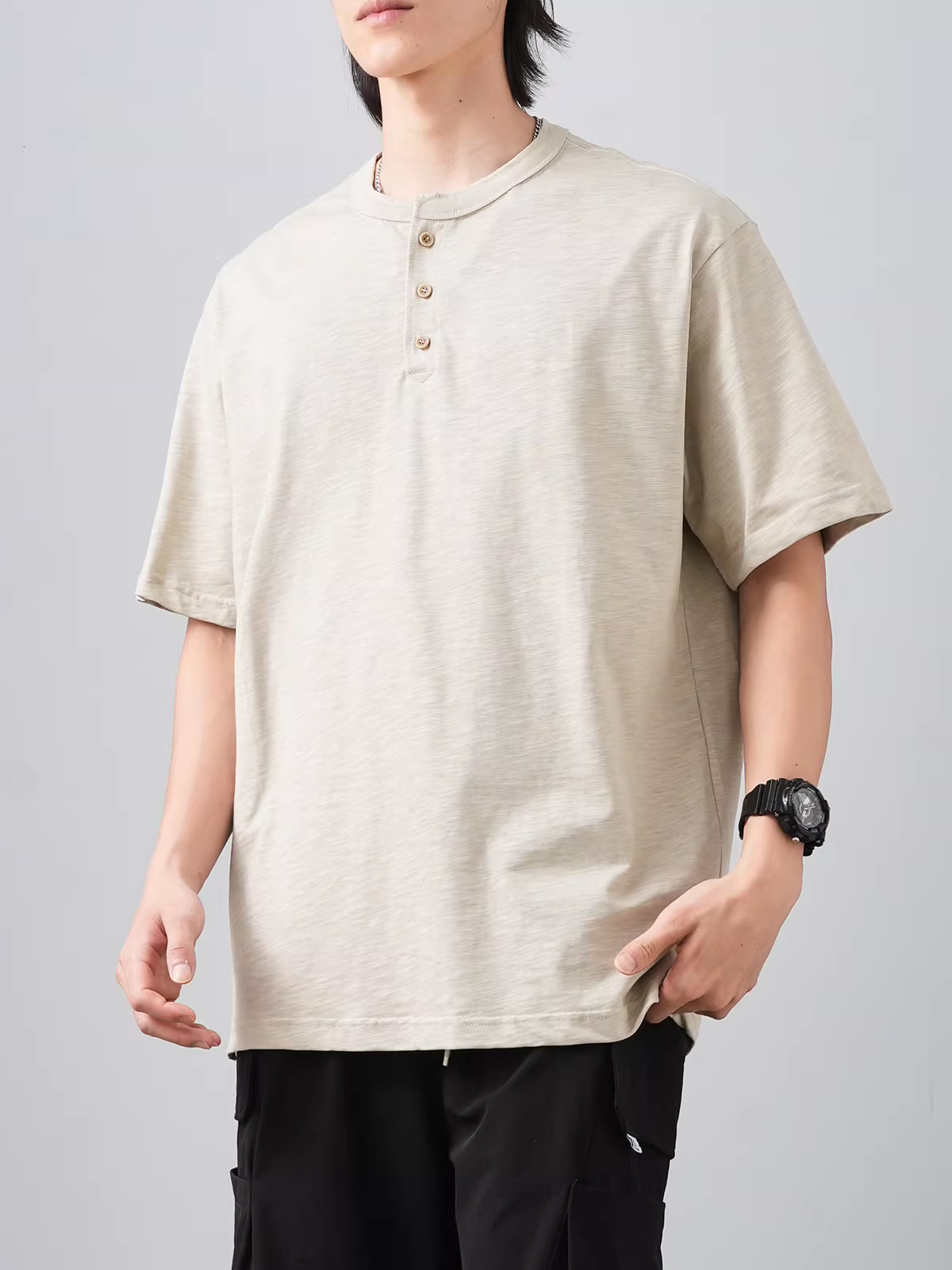 Áo thun nam cổ henley chất liệu cotton tre nặng 250G, tay ngắn, kiểu dáng mùa hè, phong cách retro Mỹ, áo thun henley rộng rãi, thoải mái