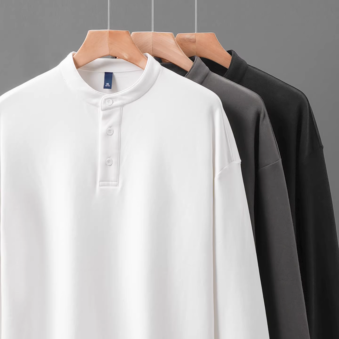 Áo thun cổ trụ Henry 290G dành cho nam, áo sweatshirt cổ đứng dài tay phong cách Mỹ mùa thu, áo thun trơn màu rộng rãi.