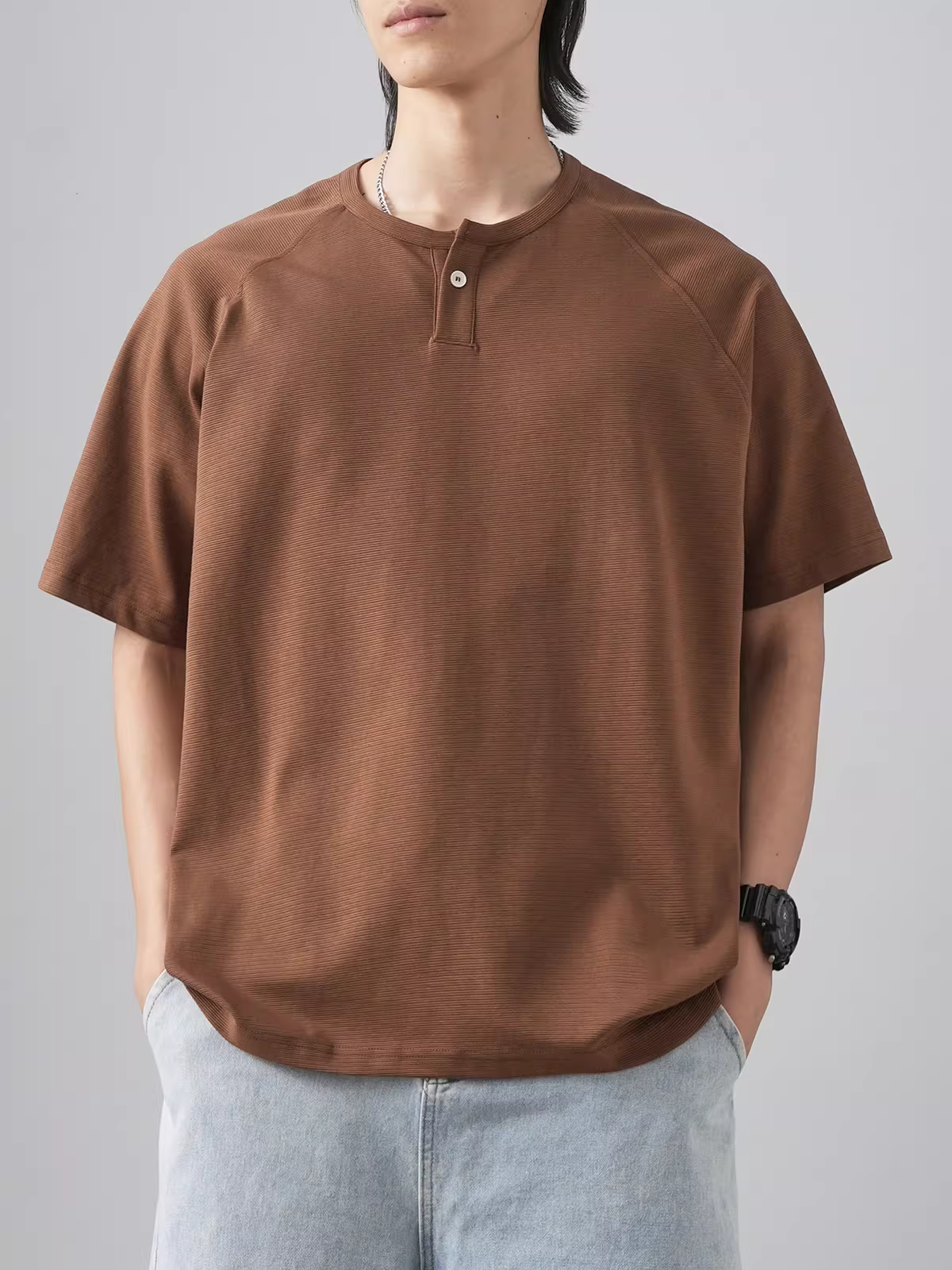 Áo Henley nam tay ngắn mùa hè 2024 kiểu Mỹ cổ điển, chất liệu dày dặn, phong cách mạnh mẽ, cao cấp, dáng rộng