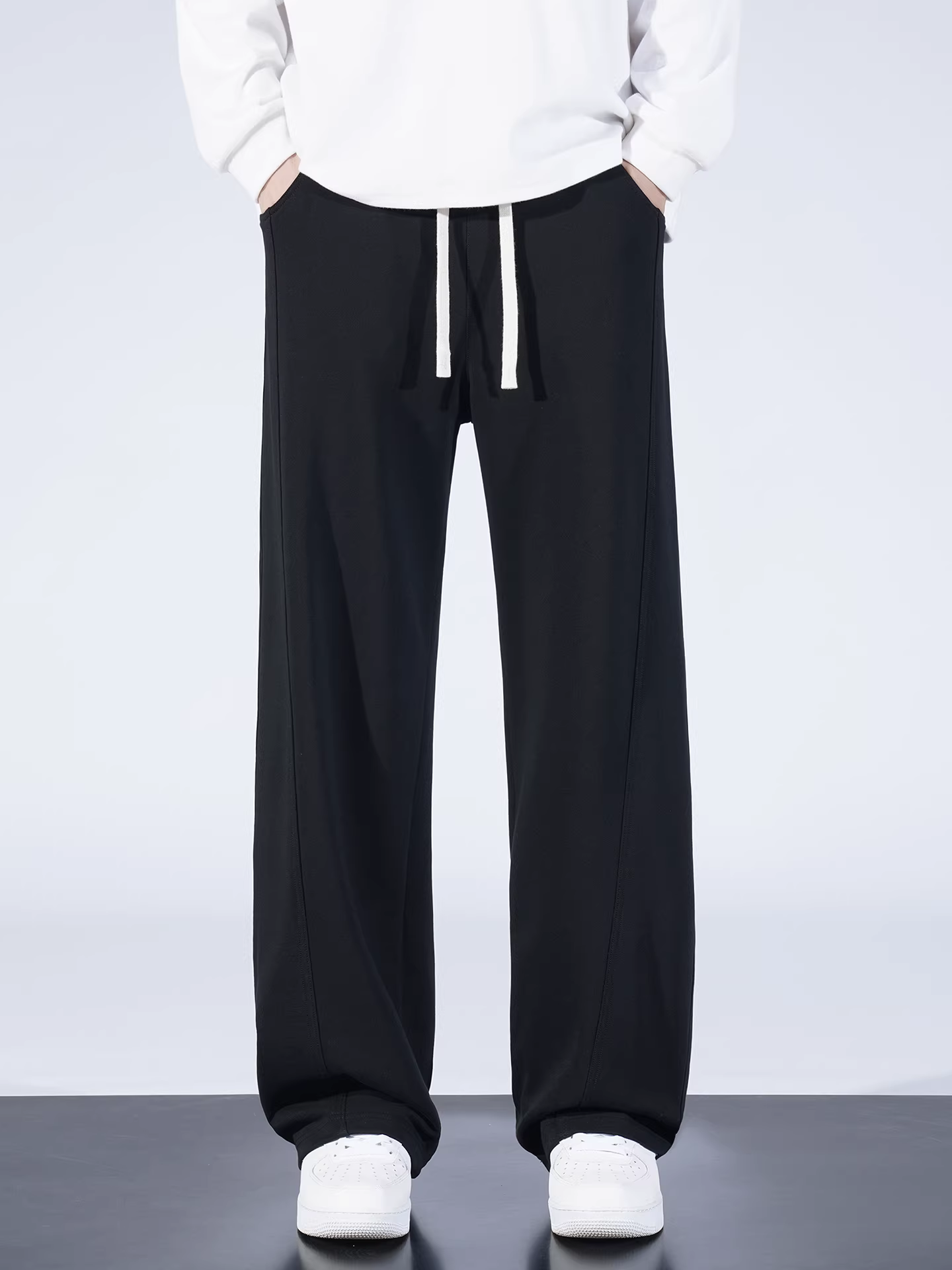 Quần thể thao nam lót lông cừu dày dặn kiểu Mỹ 420G, quần thể thao rộng rãi dày dặn mùa thu đông, quần ống rộng thẳng màu xám, phong cách thường ngày