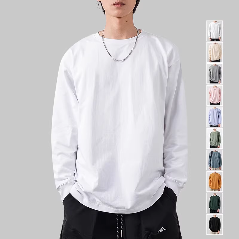 Áo thun dài tay hạng nặng 280G kiểu Mỹ dành cho nam, áo len cổ tròn dáng rộng mùa thu, chất liệu cotton nguyên chất, màu trắng trơn, áo lót bên trong.